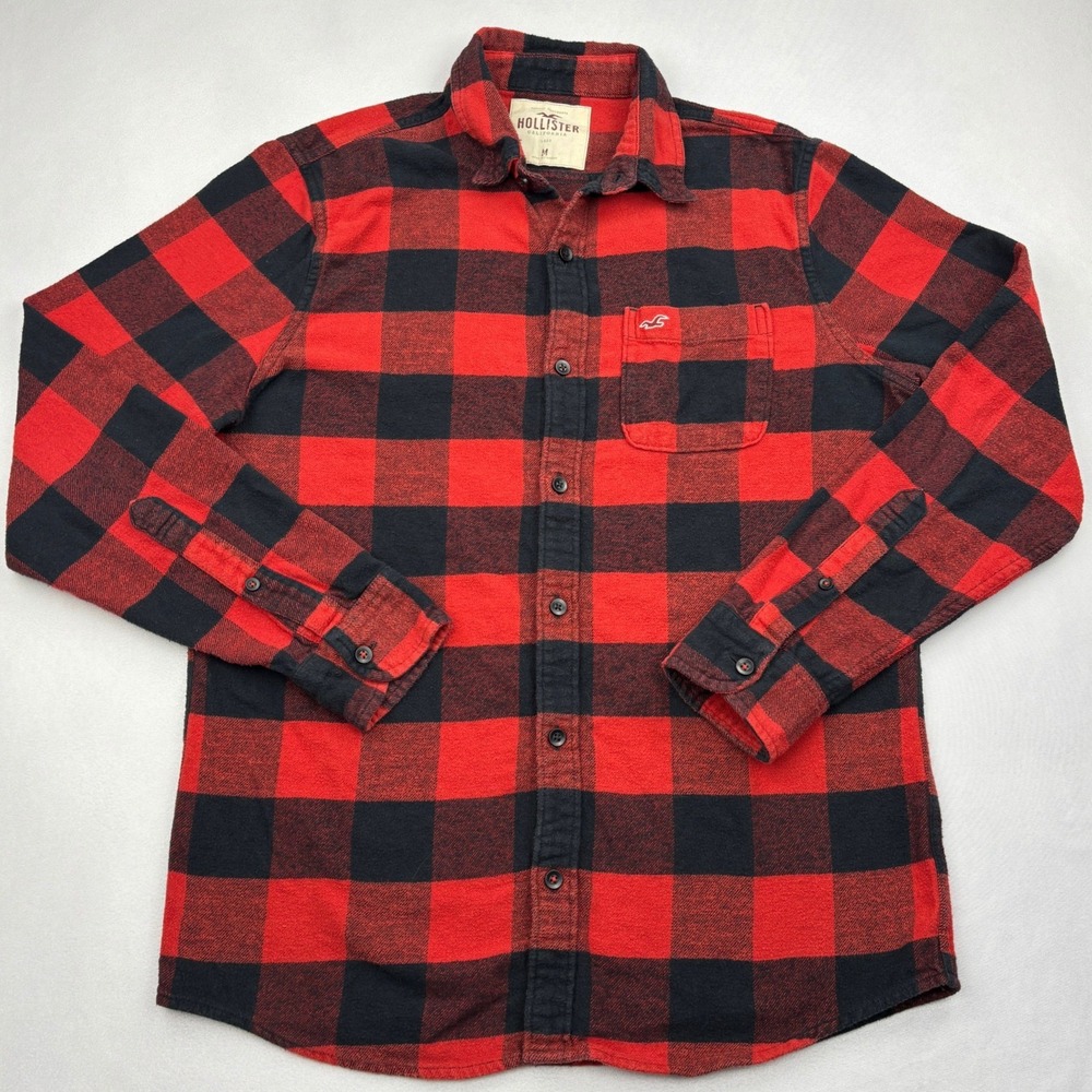 Hollister Mens Flannel Shirt Medium Red Black Buffalo Plaid Long Sleeve Cotton